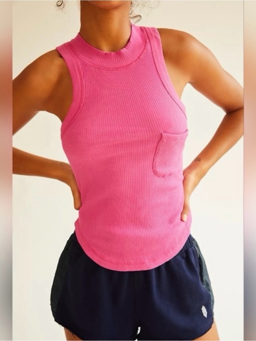 Free People Movement Wishful Solid Pink Sleeveless Pocket Crewneck Tank Top Sz S
